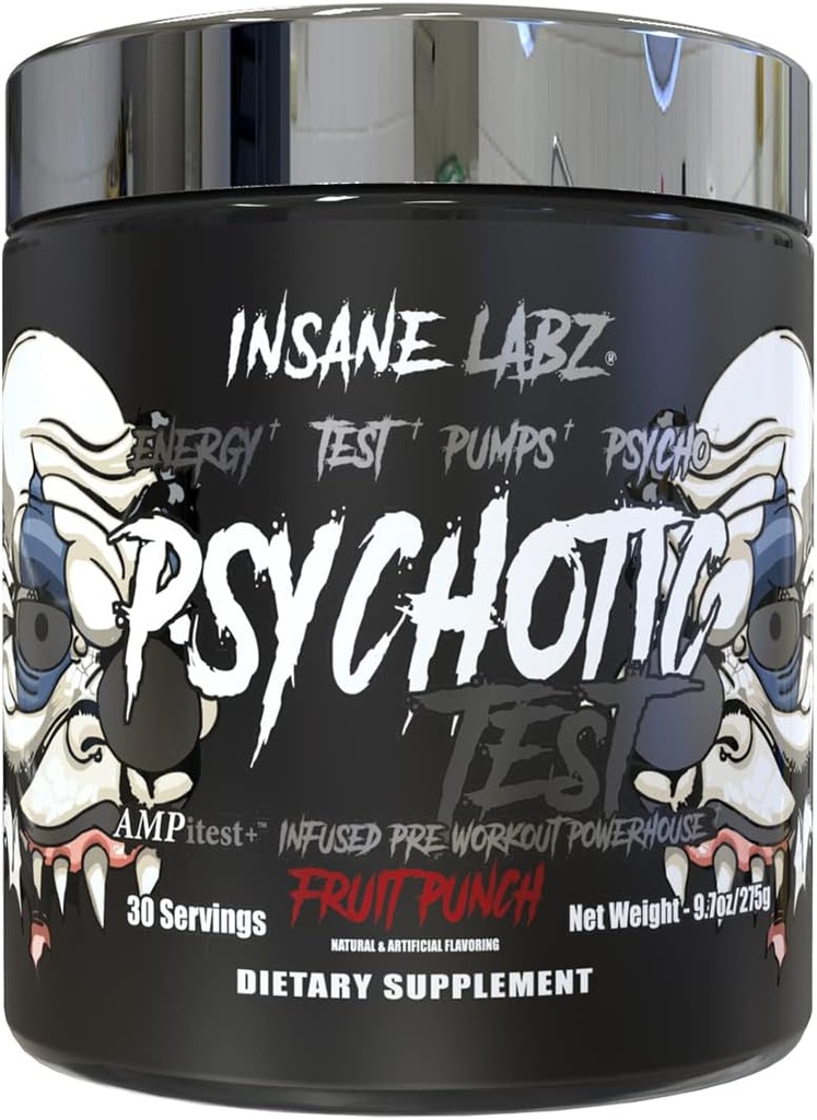 Insane Labz Psychotische Test, High Stim Testosteron Energy and Pump Boosting Pre-Workout Powder with DMAE Bitrate, D Asparatic Acid, Creatine HCL and Glycerol Monostarate, 30 Servers, Fruit Punch