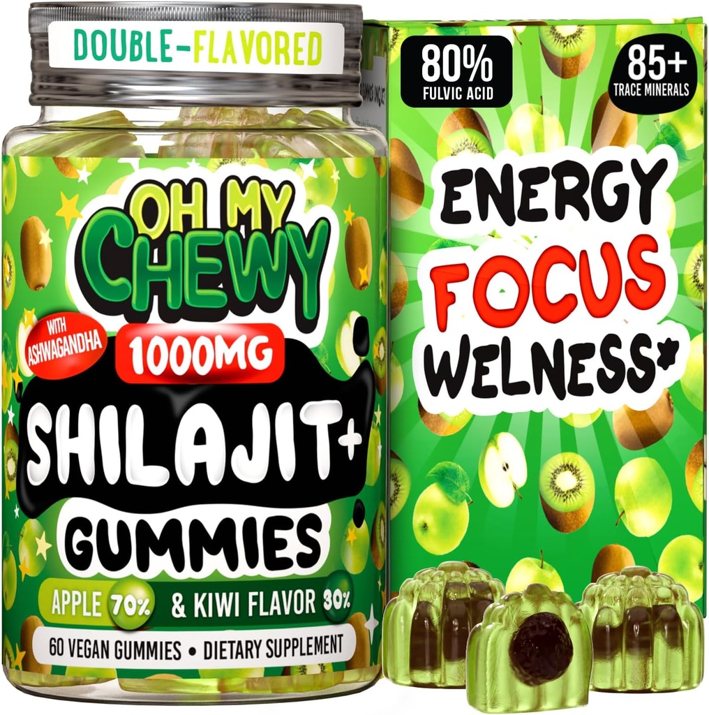 Pure Himalaya Shilajit Gummies - High Potency Gold Grade Resin - Energy Boost en Immune Ondersteuning voor mannen en vrouwen met Ashwagandha en Shatavari - Apple & Kiwi