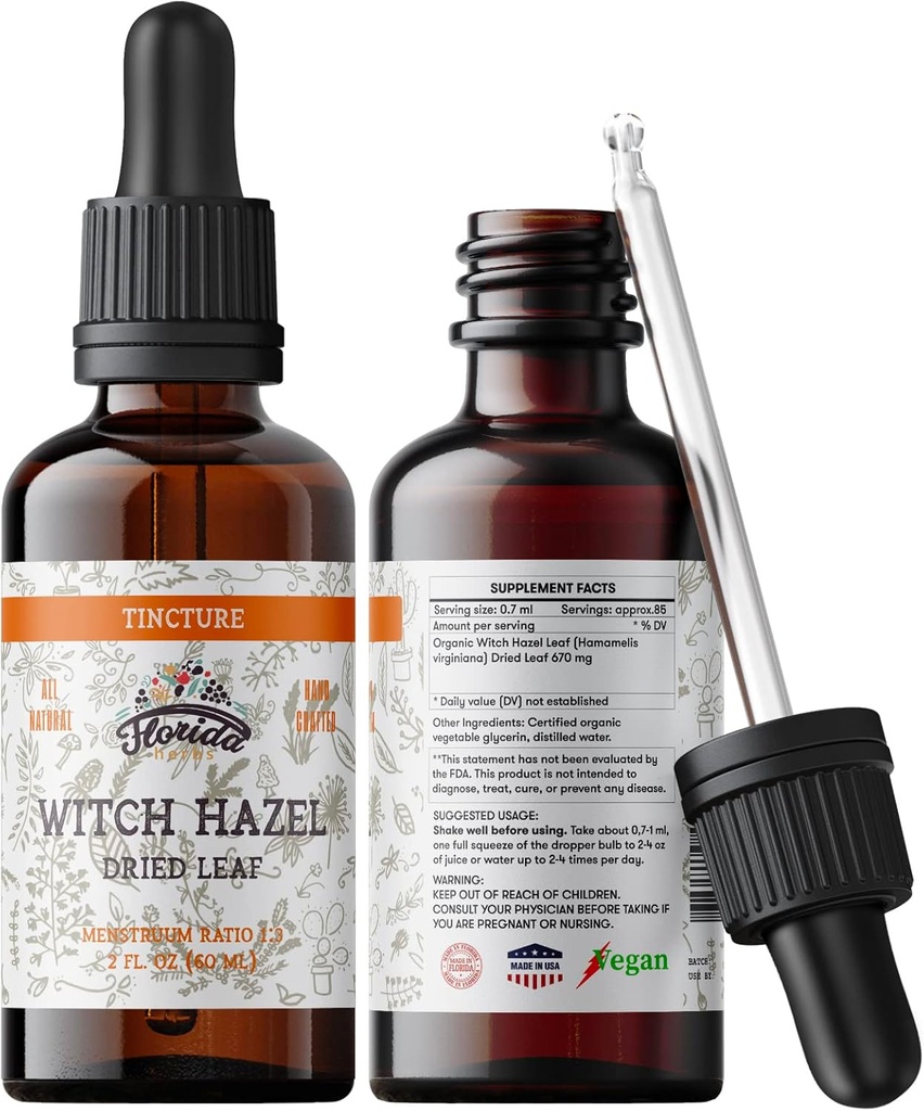 Witch Hazelblad Tinctuur, Witch Hazelblad Extract (Hamamelis Virginia) Kruidensupplement, Niet-GMO in Cold-Pressed Biologische Plantaardige Glycerine 2 x 2 oz, 700 mg, 2 oz (60 ml)