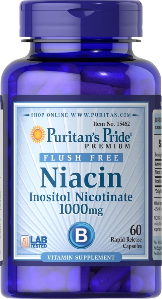 Puritanen Pride Flush Vrij Niacin Inositol Nicotinate 1000 Mg-60 Capsules, 60 Tellen