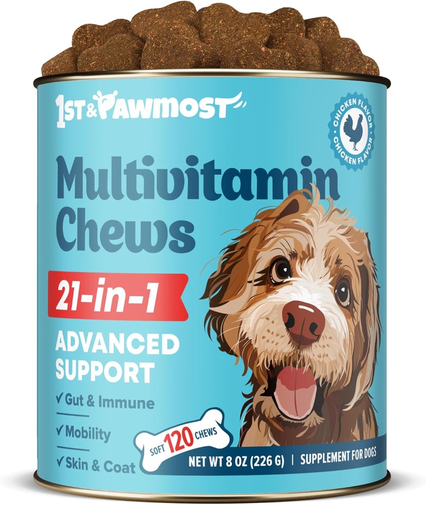 21-in-1 Honden Multivitamine - Hond Vitaminen en Supplementen voor Senior Honden en Puppies - Multivitamine voor Honden voor Huid, Jas, Hart, Immuun Ondersteuning - Honden Multivitaminen Kauwbaar voor Gezamenlijke Ondersteuning -120 st