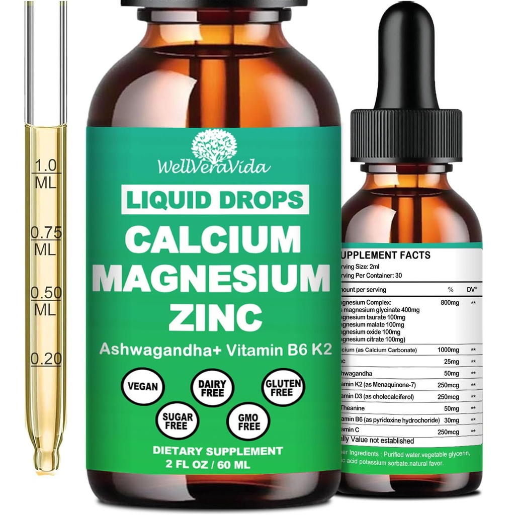 Calcium Magnésium Zinc gouttes liquides avec vitamine D3 K2, supplément de magnésium de Calcium à haute puissance avec complexe de magnésium, zinc, théanine, sans gluten pour immunone, os, muscles, humeur et soutien du sommeil