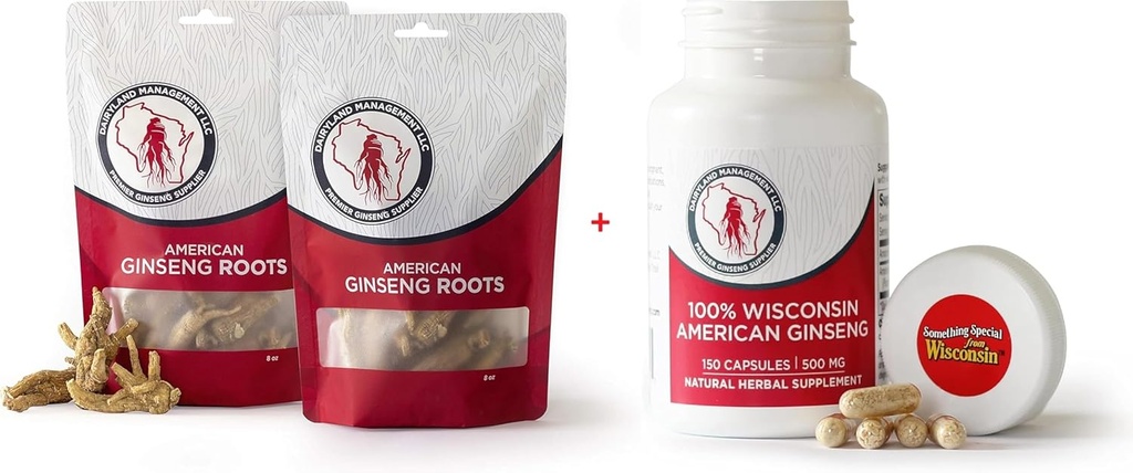 Dairyland American Ginseng Roots 16 oz et capsules 150 ct Pack de Ginseng Wisconsin – Direct de l'agriculteur au consommateur