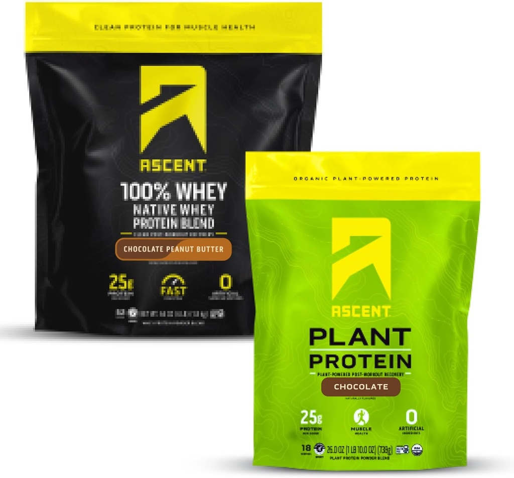Ascent Whey + Plant Proteïne Poeder - Chocolade Pindakaas 4 lb & Chocolade 18 Servers