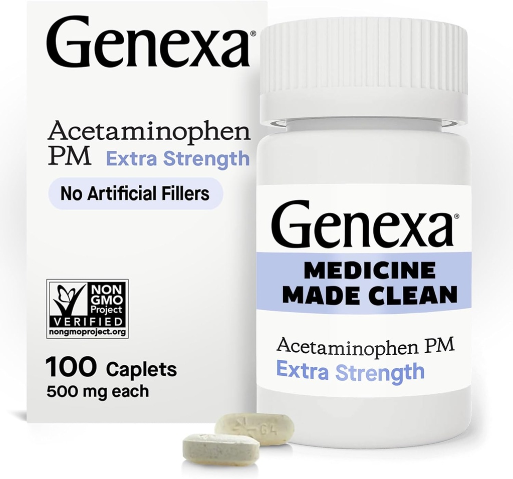 Genexa Clean Acetaminophen PM 500mg Extra sterkte, Verf Vrije pijn Reliever, Nacht slaaphulp, Koortsreducer, 0% Kunstmatige Additieven, Verlicht Hoofdpijn, Rugpijn, Kleine Artritis Pijn, 100 tabletten