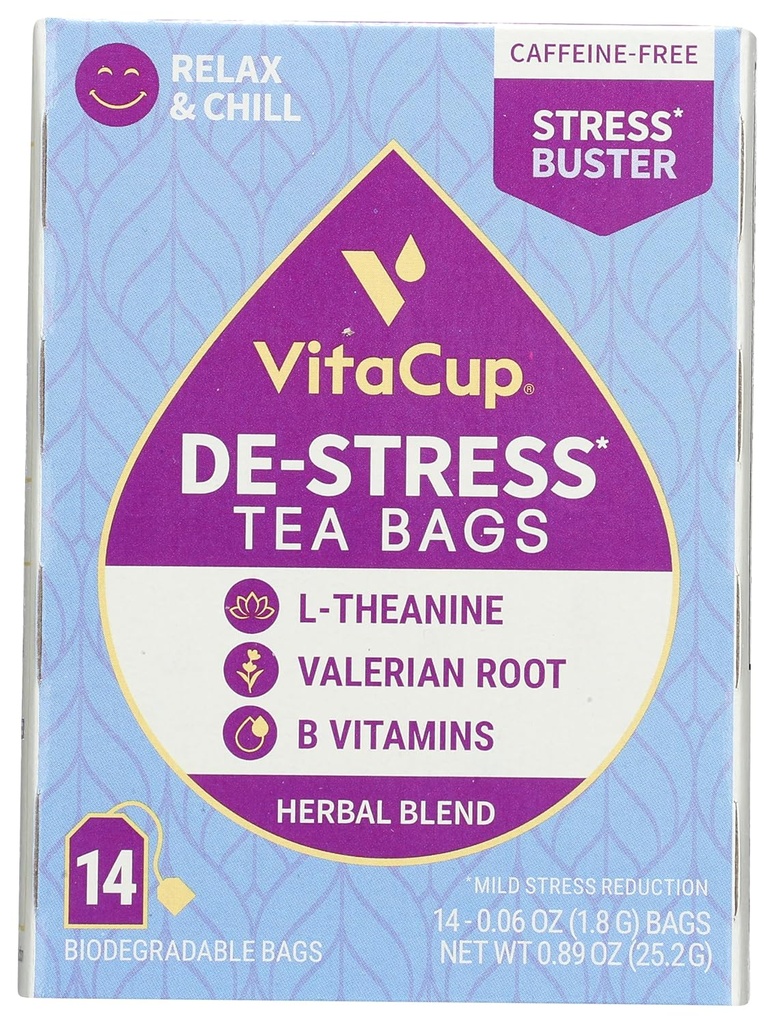 Destress Herbal Tea Bags by VitaCup, Relax & Chill w/Chamile, L-Theanine, Valeriaan Wortel & B Vitaminen, Cafeïne Gratis Wellness Thee Sachet Bag, 14 ct