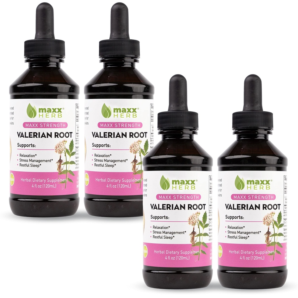 Maxx Herb Valeriaanwortelextract - maximale sterkte, vloeibare Valeriaanwortelabsorbeert beter dan capsules, voor ontspanning en rustgevende slaap, alcoholvrije - 4 flessen, 4 Oz elk (240 porties)