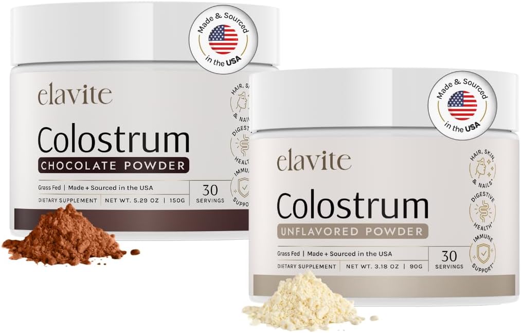 Bovine Colostrum Powder (60 Serves) Bundle Grass Fed Colostrum for Women & Men - Supplement for Healthy Hair, Skin & Nails - Chocolate & Unflavored - Made in USA