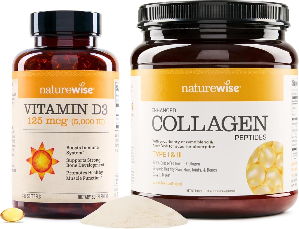 NatureWise Vitamin D3 5000iu (125 mcg) 1 Year Supply for Healthy Muscle Function Enhanced Collageen Peptides (45 Servings) - Hydrolyzed Type I & III