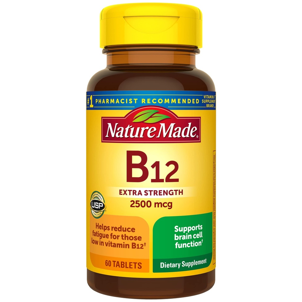 Nature Made Extra Strength Vitamine B12 2500 mcg, Dieetsupplement voor Energie Metabolisme Ondersteuning, 60 tabletten, 60 dagen Levering