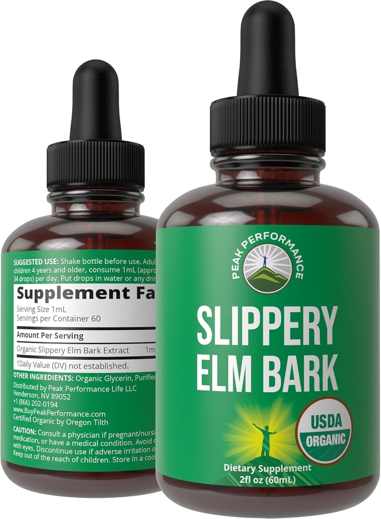 Gladde Elm Bark USDA Biologische Vegan Liquid Drops. Extract met hoge biologische beschikbaarheid voor vrouwen, mannen, kinderen. voor Sore Throat, geïrriteerde maag. Zero Sugar, Glutenvrij, Tinctuur Supplement Geen Capsules