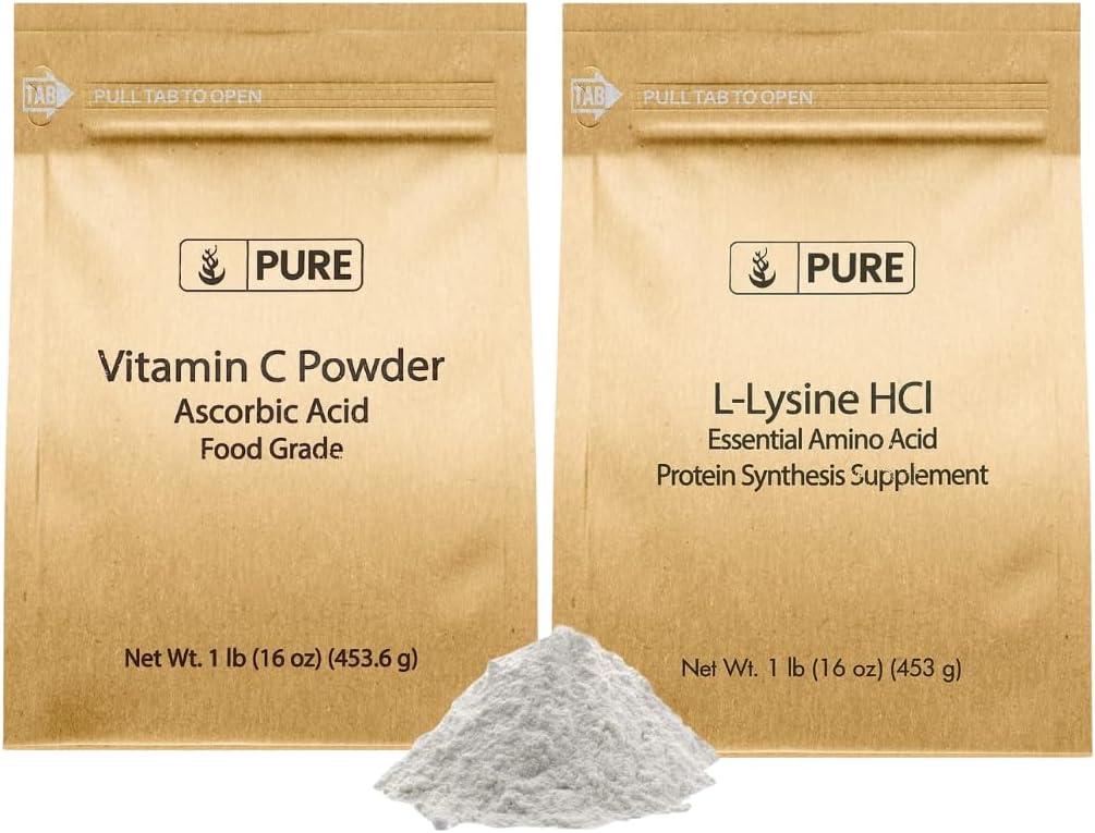 PURE ORIGINEEL INGREDIËNTEN L-Lysine HCI en Vitamn C Powder Bundle, 1 lb Each, Non-GMO, Glutenvrij, Dieetsupplementen