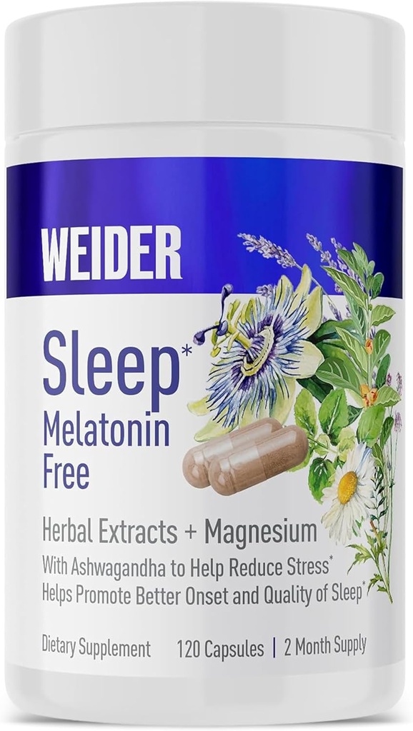 Weider Melatonine Gratis slaaphulpsupplement met KSM-66 Ashwagandha, Magnesium, Lavendel, Lemon Balm, kamille, Valeriaan en Passiebloem Extracten, Hormone & Drug-vrij, Non-Habit vorming, 120ct