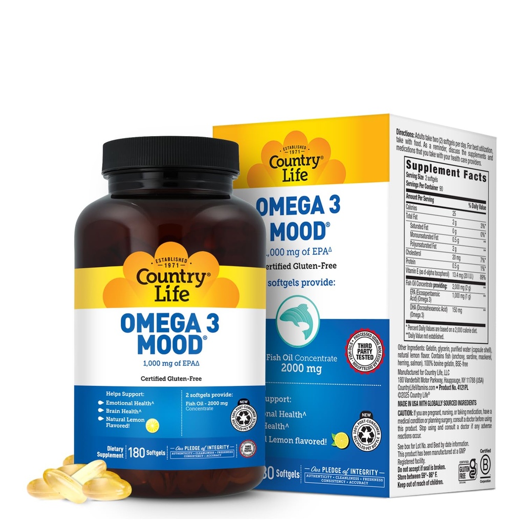 Country Life Omega 3 Supplément d'huile de poisson - Acides gras Omega 3 à haute concentration et DHA - 2000mg Huile de poisson pour la santé émotionnelle, le soutien de l'humeur et sans goût de poisson - Saveur de citron naturel