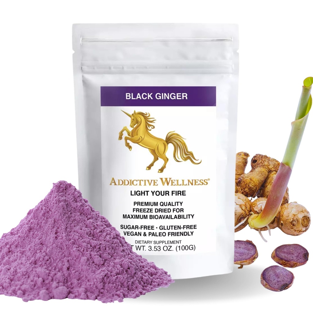 Bien-être addictif Ginger noir thaïlandais pour les hommes, supplément de ginger noir thaïlandais pour soutenir le métabolisme de l'énergie, l'endurance et la performance, Freeze poudre de ginger noir séché, 100 Grams, Vegan & Paleo