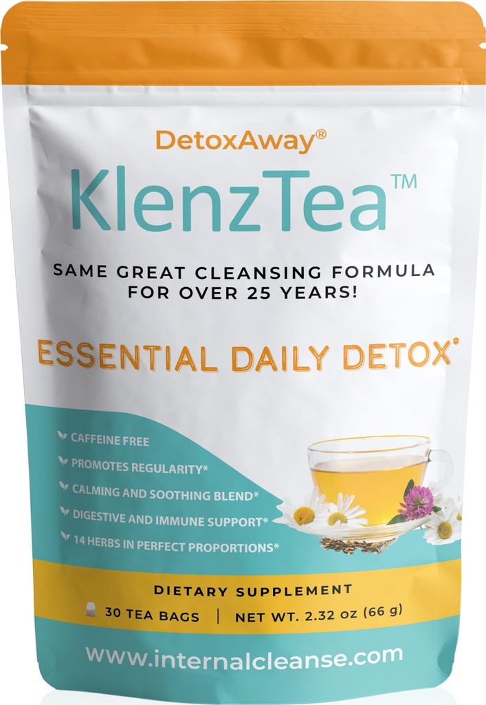 KlenzTeaTM - DetoxAway® votre foie, lymphe, colon et rein avec 14 ingrédients soigneusement sélectionnés. (30 sachets de thé)