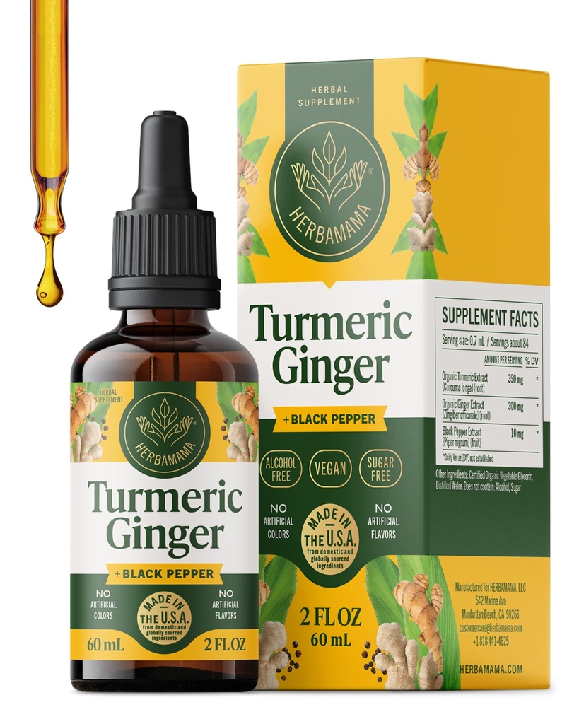 HERBAMAMA Kurkuma Curcumine en Ginger Supplement - Vegan Immune Blend met vloeibare gemberwortel, kurkuma en zwarte peper Extract - niet-GMO, alcohol en suikervrije immunicatie druppels