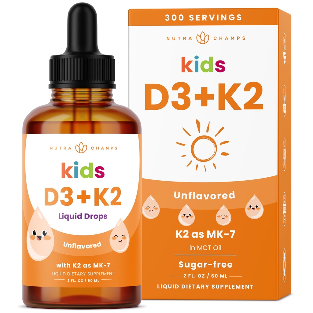 NutraChamps Kids Vitamine D 3 K2 druppels, vitamine D3 & K2 MK-7, vloeibare vitamine D voor kinderen 1000 IE, gezonde botten, hart en immuunsysteem, suikervrije supplement voor peuters, 300 porties