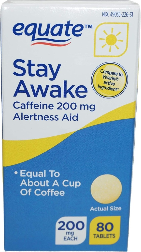 Equate - Stay Awake - Alertness Aid with Caffeine | Maximum Strength | Reduces Fatigue - 80 Tablets 200 Mg (Pack of 2) (2)
