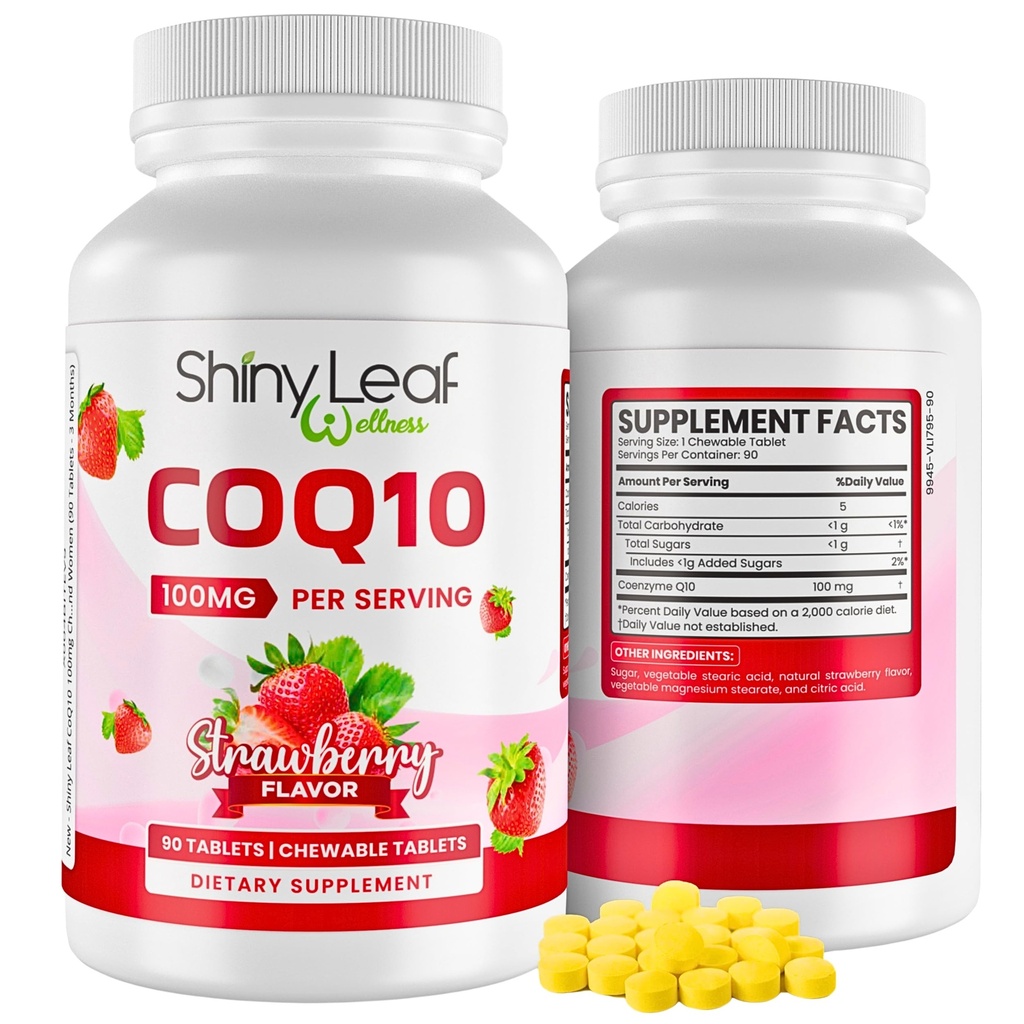 Shiny Leaf CoQ10 100mg - Supplément CoQ10 à croquer - Coenzyme Q10 pour la santé cardiaque et l'énergie - Supplément CoQ10 naturel pour le bien-être cardiovasculaire - 100mg Comprimés à croquer, 90 comprimés, fabriqués aux États-Unis