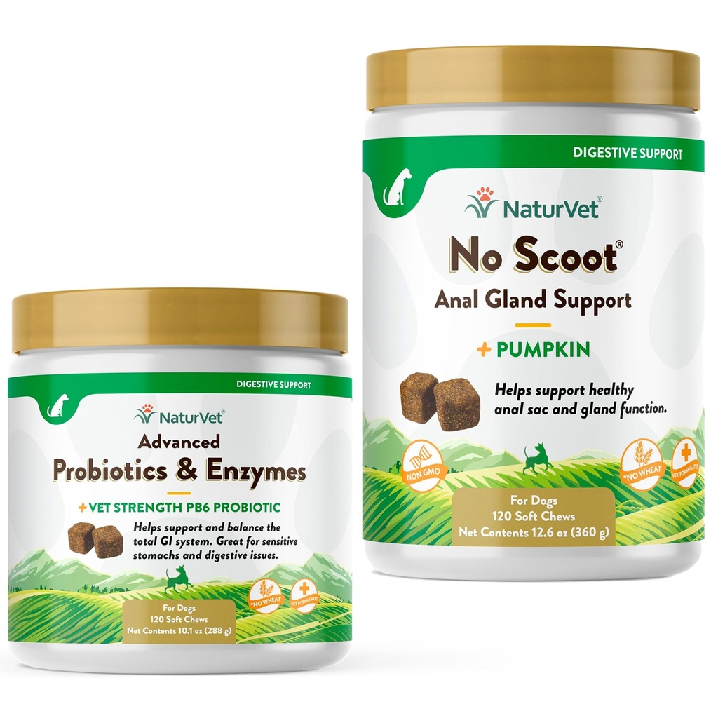 NaturVet Geavanceerde Probiotica, gezonde enzymen en PB6 Probiotische Supplement voor uw honden Maag, 120 Zachte Kauwen & Geen Scoot voor honden - 120 Zachte Kauwen - Ondersteunt gezonde Anal Gland & Bowel functie