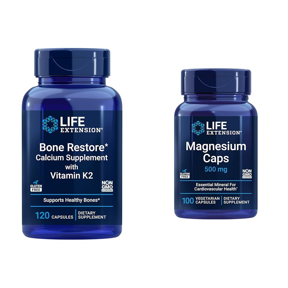 Levensverlengstuk Bone Restore + Vitamine K2 Vitaminen en Mineralen Onderhoud Bone Health & Strength & Magnesium Caps, 500 mg, Magnesium Oxide, Citrate, Succinate, Heart Health, Healthy Bones