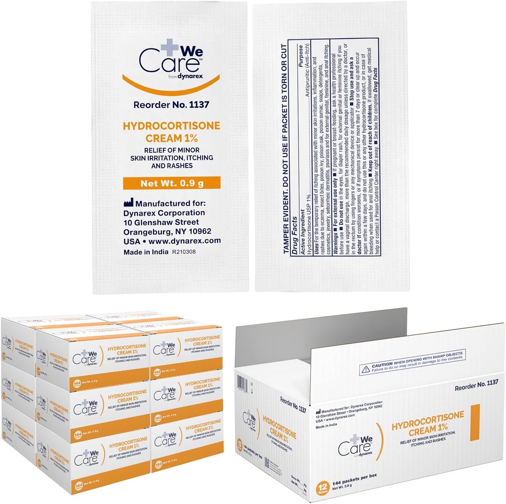 Dynarex Hydrocortison Cream - Topische Anti-Itch Hydrocortison Zalf voor tijdelijke verlichting van kleine huid jeuk, huiduitslag, irriteren - Draagbaar, gemakkelijk aan te brengen, voor extern gebruik - .9g Packet