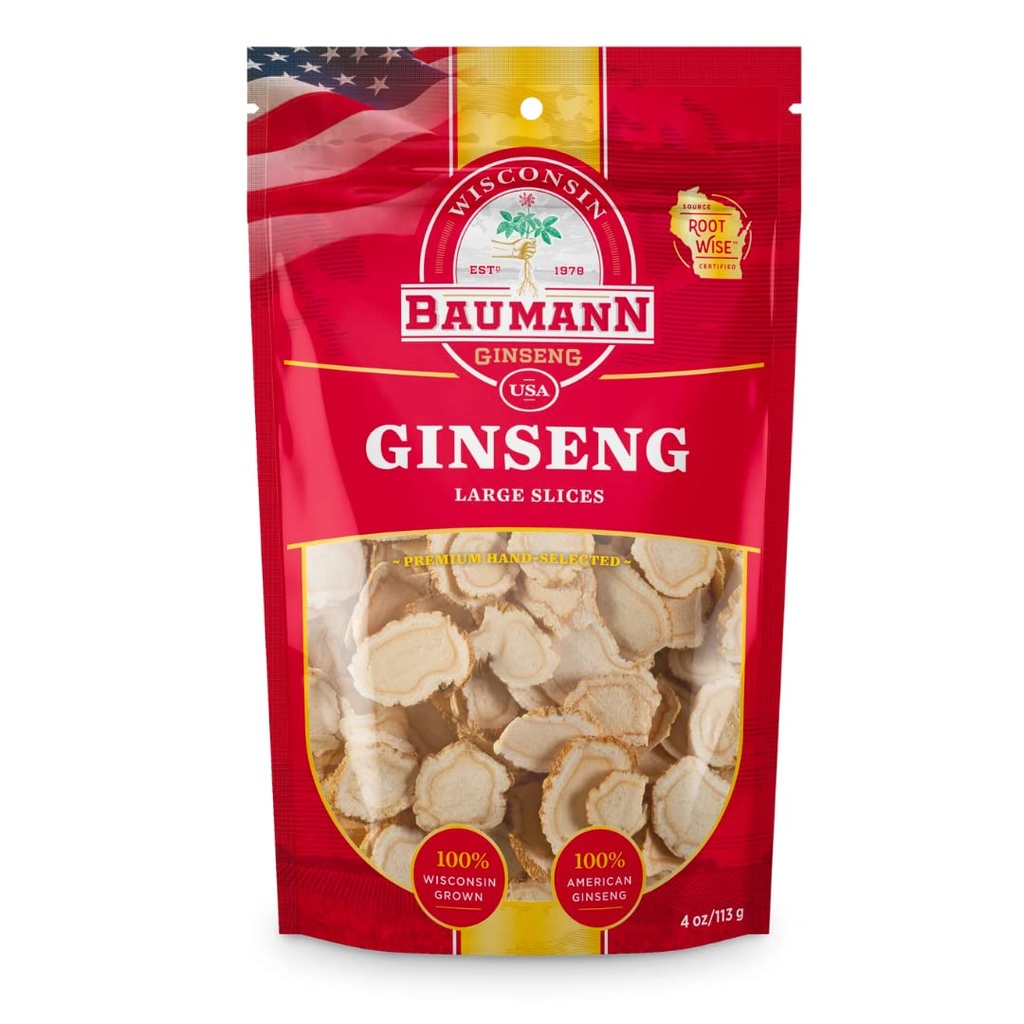 Baumann Wisconsin Ginseng - Grandes tranches 4 oz - 100% naturel Panax Ginseng Herb, Ginseng américain séché pur pour le soutien immunitaire, la focalisation améliorée et l'énergie