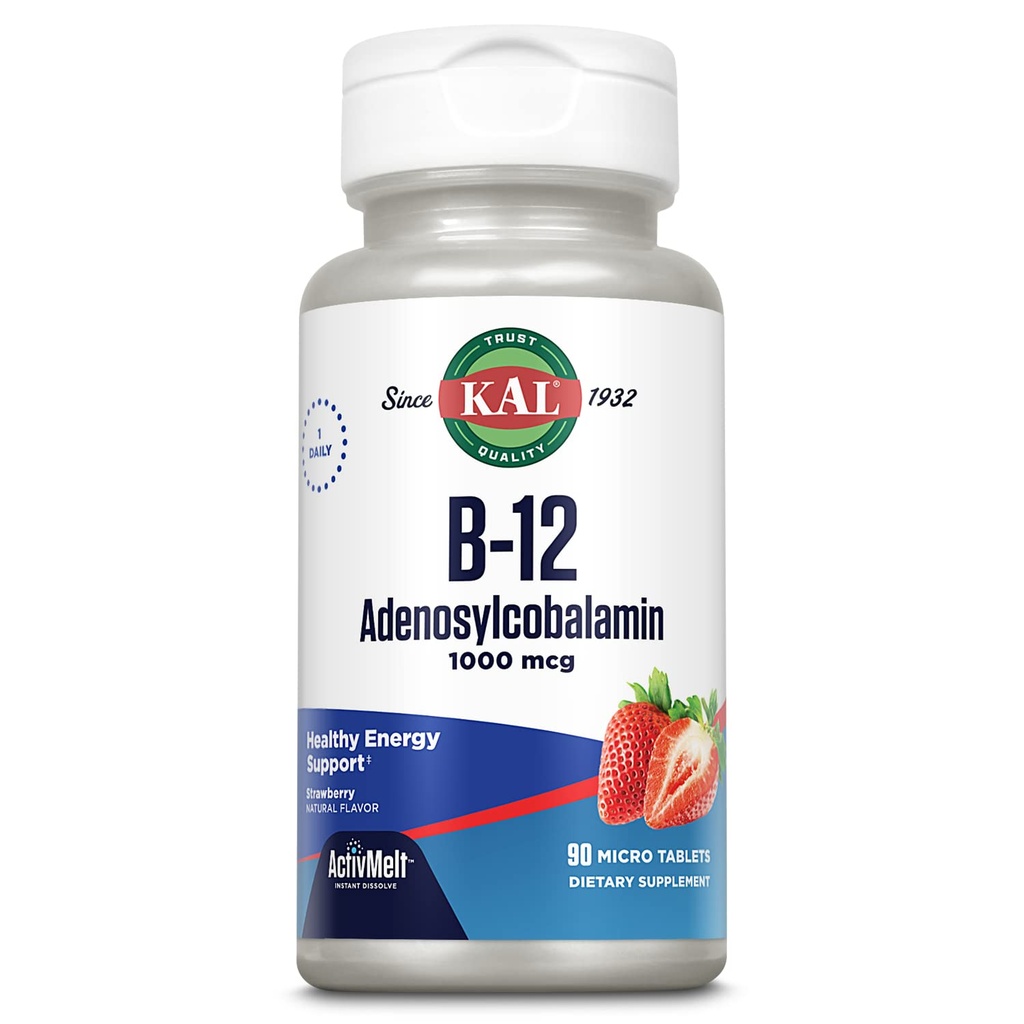KAL Vitamin B12 Adenosylcobalamin 1000 mcg - B 12 Vitamin, Active B-12 1000mcg for Women & Men, Energy Support - Strawberry Flavor - 90 ActiveMelt Micro Tablets