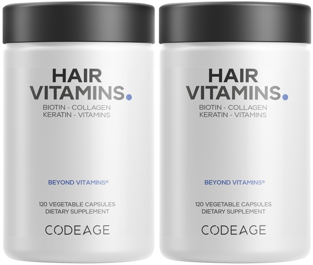 Codeage Haarvitaminen 10000 mcg Biotine, Keratine, Collageen, Vitamine A, B12, C, D3, E, Zink, Kurkuma, Probiotica, Enzymen, Inositol - Hair Care Support - gezonde Hair Supplement Pillen - 2 Pack