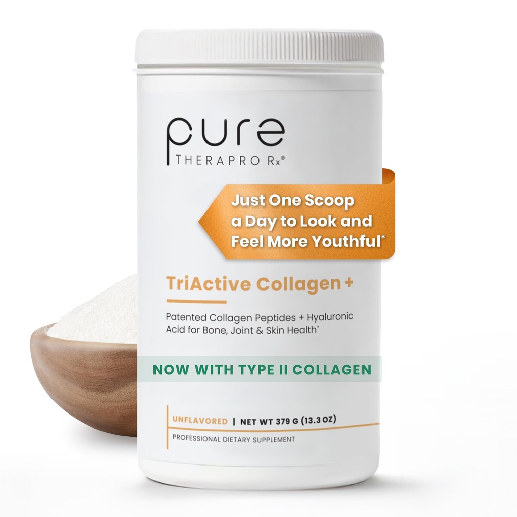 Pure Therapro Rx TriActive Collageen Plus, Collageen Powder for Hair, Skin, Nails, Bones & Joints, Hydrolyzed Collageen Powder w/Patented Peptiden, Unflavored Multi Collageen Protein Powder, 30 Servers