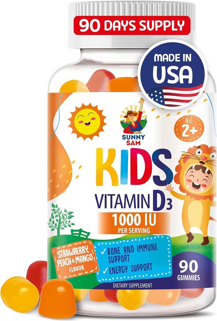 SUNNY SAM Vitamine D3 Gummies 1000 IE voor kinderen en volwassenen - Immune Support Kauwen met natuurlijke smaak - Vegetarische, Gelatinevrije Immune Ondersteuning Vitaminen voor kinderen