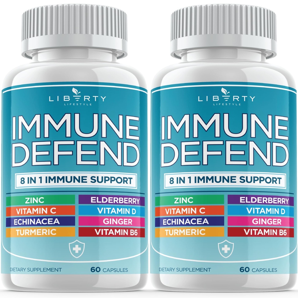 8 en 1 Immune Defense Support, Immunity Vitamines Supplément Booster avec Zinc 50mg, Vitamine C Elderberry D3 5000 UI, Curcumine et gingembre curcuma, Echinacea - Allergie pour les enfants Adultes (2 Pack)