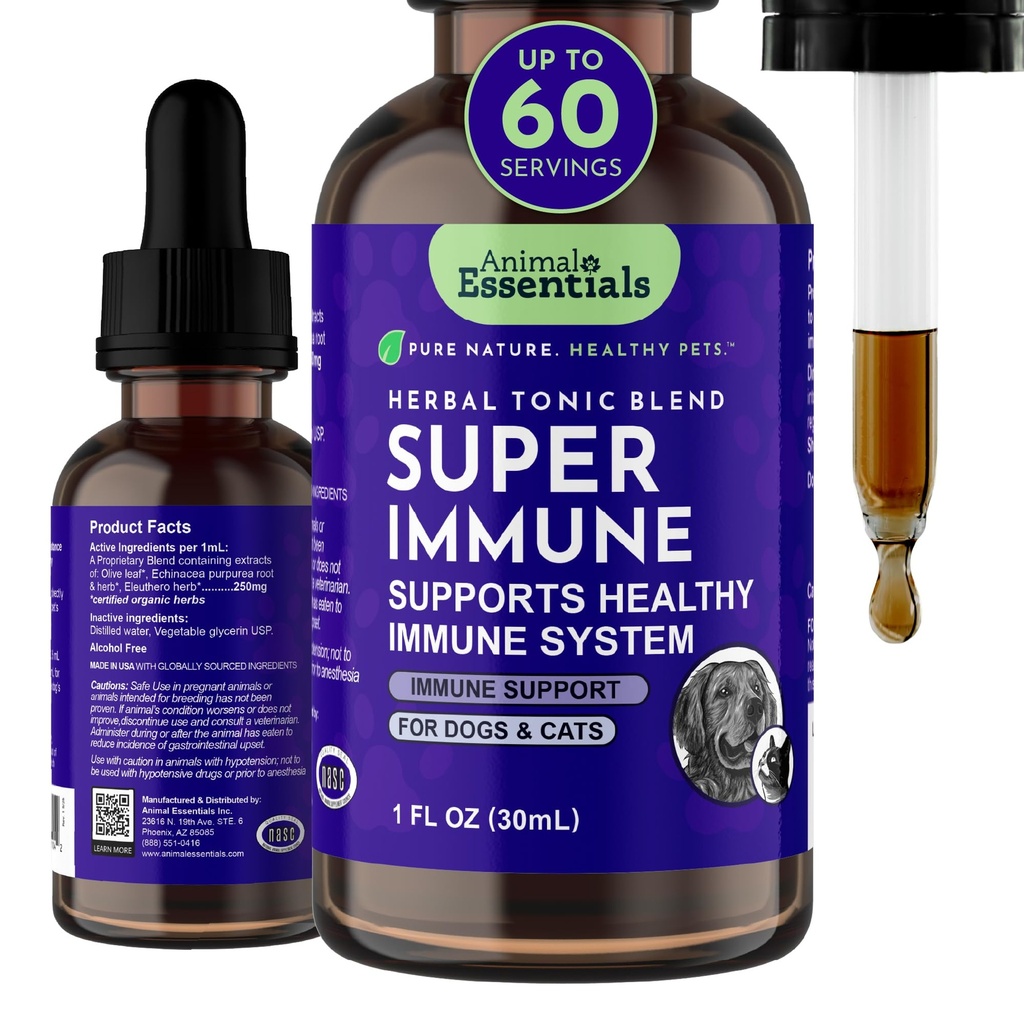 Animal Essentials Super Immune pour chiens et chats - Supplément de support du système immunitaire, Echinacea, Eleuthero, Extrait de feuille d'olive, gouttes liquides - 1 Fl Oz