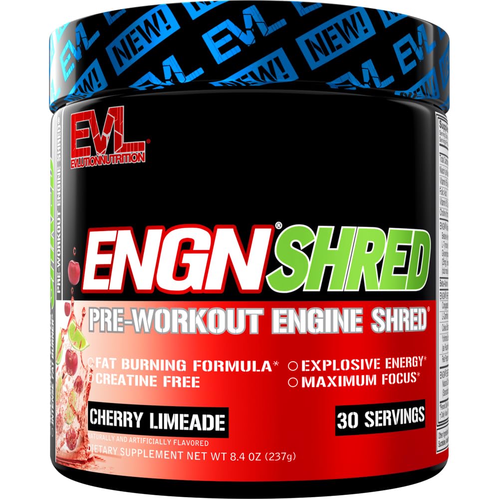 EVL Ultimate Pre Workout Powder - Thermogenic Fat Burner Preworkout Powder Drink voor duurzame energie Focus en uithoudingsvermogen - ENGN Shred Intense Fat Burning Create Free Preworkout Drink - Cherry Limeade