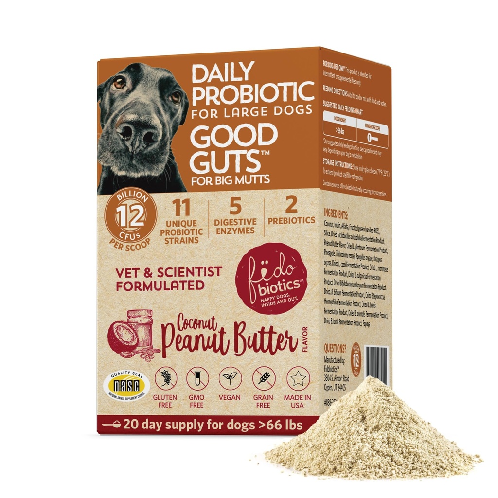 Fidobiotiques Bonnes guttes pour gros mutants Probiotiques pour chiens, 12 milliards UFC, 11 souches, 5 enzymes digestives, 2 prébiotiques, la santé digestive Gut pour chiens, suppléments pour adultes et chiots probiotiques (20 jours)