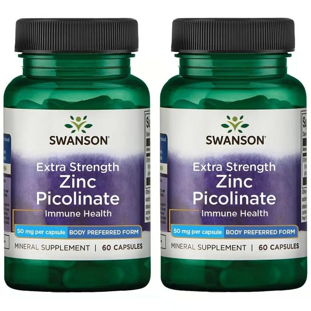 Swanson Premium Merk Extra sterkte Zink Picolinaat - Body Preferred Form Immune Health Capsules - 50 mg per capsule - 60 capsules, Verpakking van 2