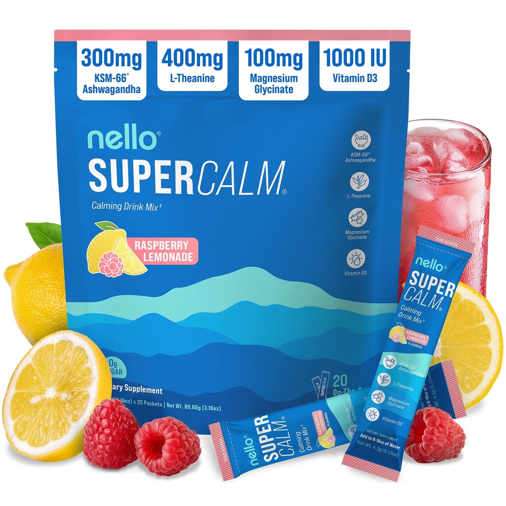 Nello Supercalm Powdered Drink Mix, Raspberry Lemonade, L Theanine, Ksm-66 Ashwagandha, Magnesium Glycinate, Vitamine D 3, Supplementen voor ontspannen & Focus, Geen suiker, Niet GGO, Onderweg, 20 Ct