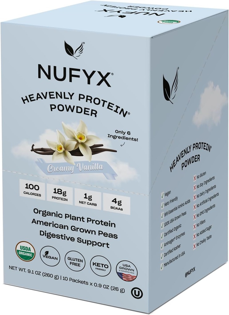 NUFYX® • Poudre Heavenly Protein® • Le monde est le plus fin des pois 100% bio américains cultivés • végétalien • sans gluten • faible teneur en glucides (Vanille crémeuse, boîte de 10 paquets)