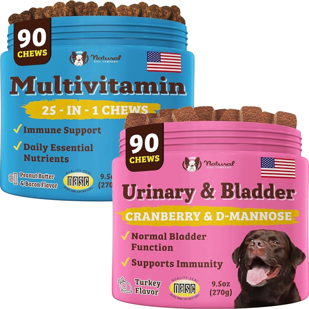 Natural Dog Company Urinaire en Multivitamine Bundle - Ondersteunt urinetrekker, immuunsysteem, Joint Health, en energie - essentiële Kauwen voor honden' algemene welzijn en vitaliteit