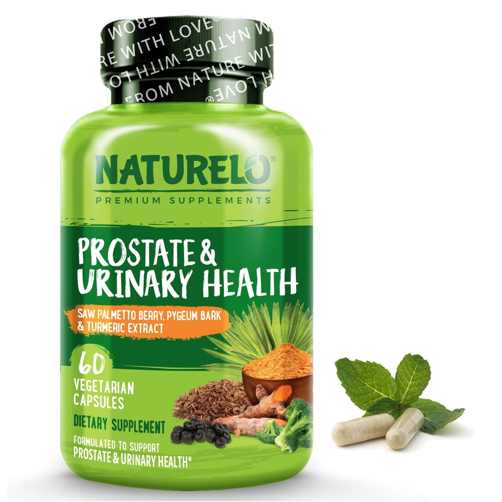 NATURELO Prostate & Urinary Health, Uitgebreide formule met Saw Palmetto, Pygeum, Tumeric, Plant Sterols, Broccoli en Lycopeen, 60 Vegetarische Capsules