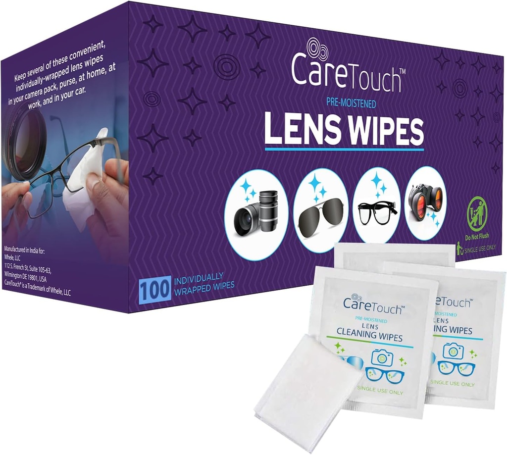 Care Touch Lens Wips voor Oogbrillen- 100 Tel individueel verpakte voor-vochtige doekjes, 5 x 6 Inch- Camera lenzen, zonnebril en glazen Cleaner,- Voorzichtig en draagbaar voor het reinigen van optische apparaten