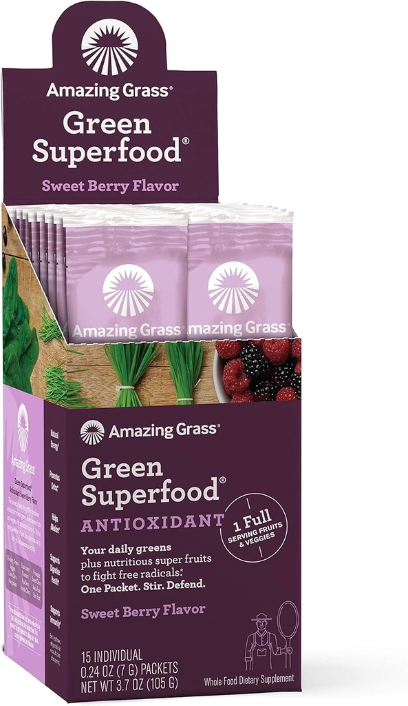 Verbazingwekkend gras Groen Superfood Antioxidant: Super Greens Poeder met Spirulina, Vlierbessen & Probiotica, Zoete Bessen, 15 porties