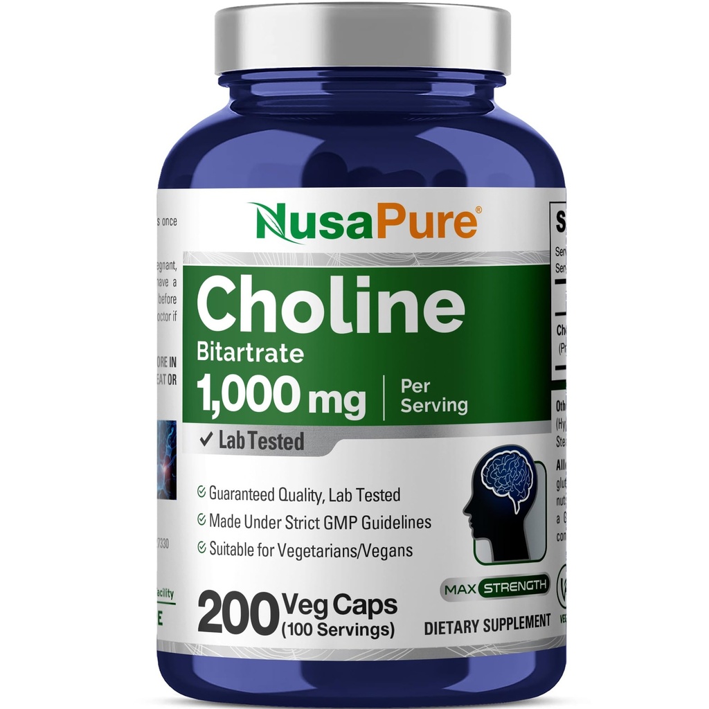 NusaPure Choline Bitrate 1000 mg 200 Veggie Capsules (Vegan Vegetarische, niet-GMO)