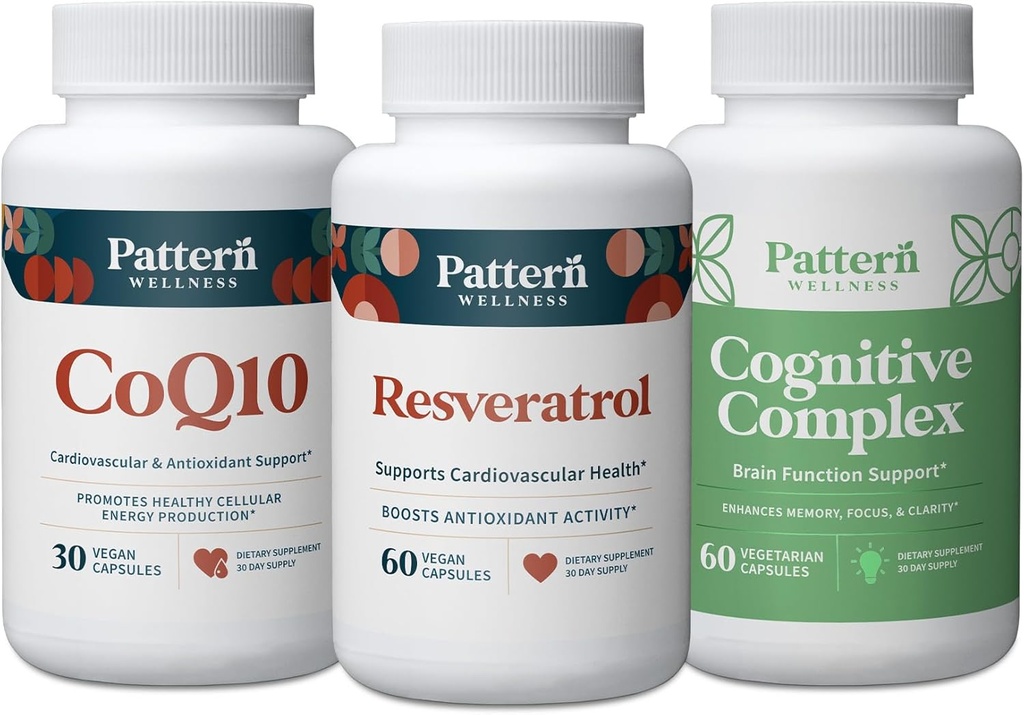 Pattern Wellness Healthy Aging Bundle - CoQ10, Resveratrol, Cognitive Complex - Promoot tijdloze gezondheid en wellness - 3-pack, all-natural, vegan-friendly formules