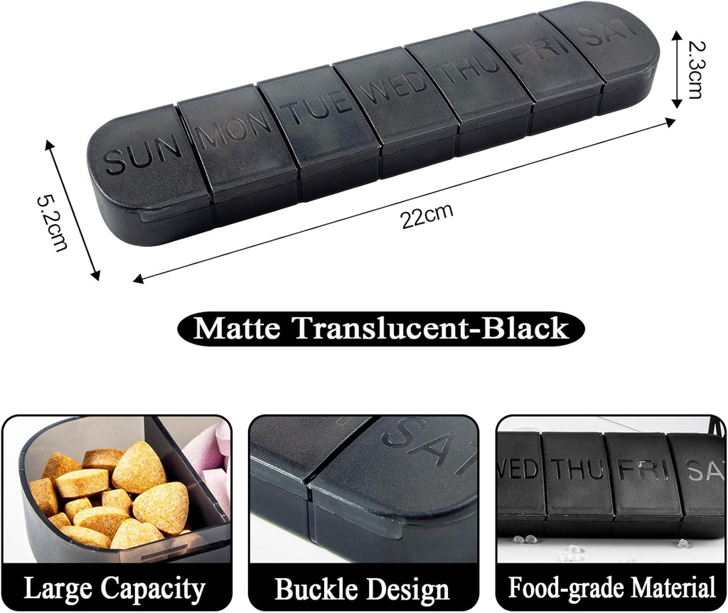 Pillen Organisator Grote, Wekelijkse 7-Dag Vitaminen Case Dispenser, Matte Zwart, Travel Medicine Pillen Box houder Container voor Medicijnen, Medicijnen en Mineralen, Supplementen, Visolie, Capsules, Tablet
