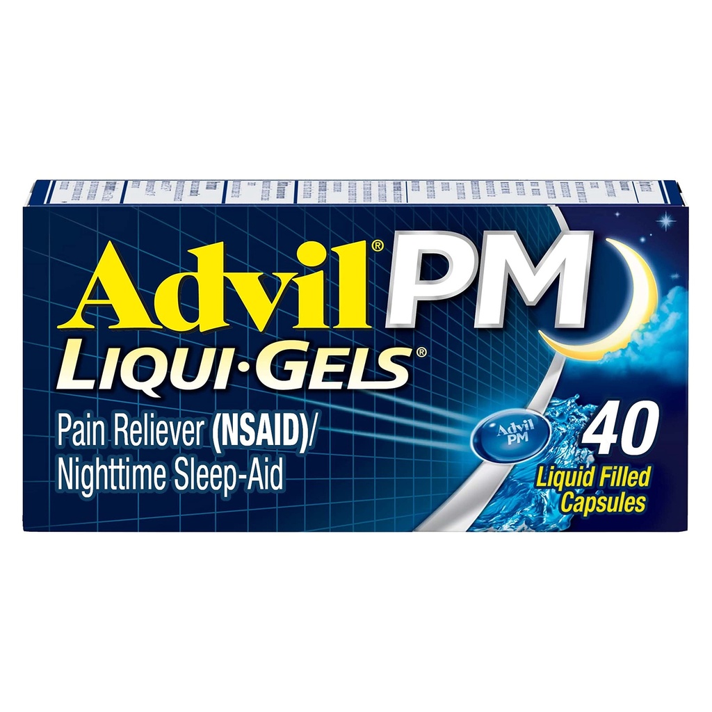 Advil PM Liqui-Gels Pain Reliever and Nighttime Sleep Aid, Pain Medicine met Ibuprofen for Pain Relief and Difenhydramine HCL for a Slaaphulp - 40 Liquid Filled Capsules - Terug naar College