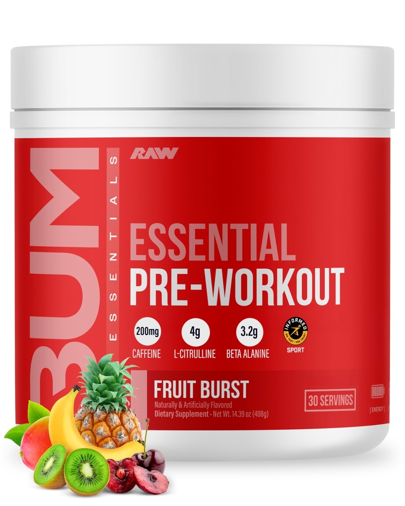 RAW Essential Pre-Workout Powder (Fruit Burst) - Chris Bumstead Sports Nutrition Supplement for Men & Women - Preworkout Energy Powder with Cafeine, L-Citrulline, L-Tyrosine, & Beta Alanine Blend