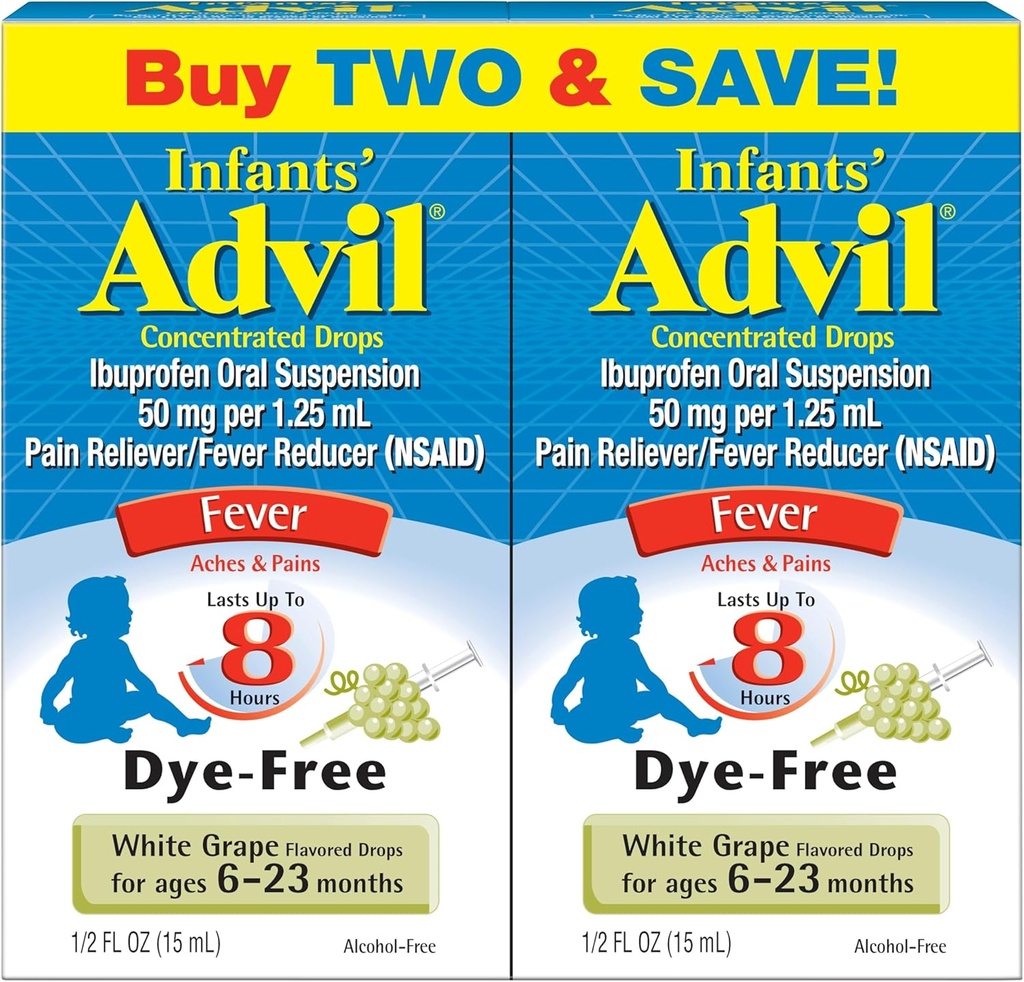 Zuigelingen' Advil Liquid Pain Reliver en Baby Koorts Reducer, Zuigeling Ibuprofen Dye Free Pain Relief and Fever Medicine, White Grape - 0,5 Fl Oz (2 Pack)