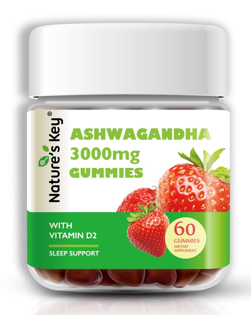 Nature's Key Ashwagandha Gummies, 3000mg High Potency Ashwagandha Root Extract met vitamine D2, Stress, Calm Mood & Cognition, voor mannen en vrouwen, aardbeien smaak (60 Count (pack of 1)